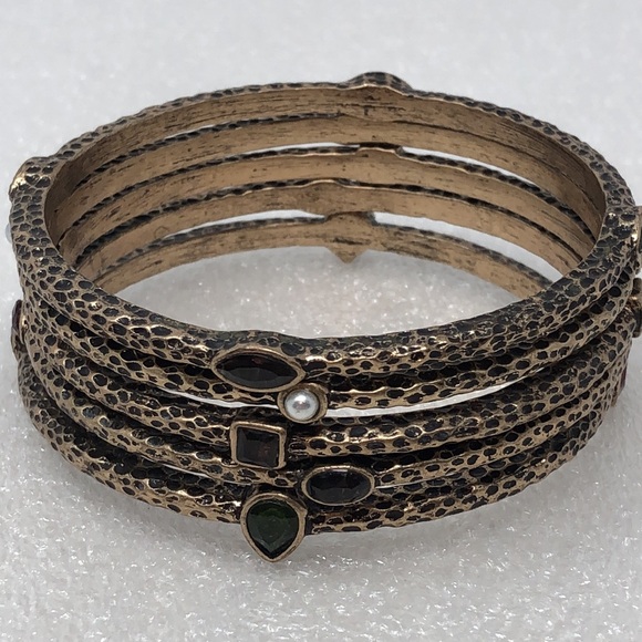 Vintage Bracelet Brass Tone Gemstone Bangle Set - Picture 6 of 9